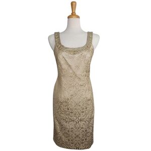 Carmen Marc Valvo Gold Jaquard Sheath Dress Women's Size 6 Bridal Quiet Luxury